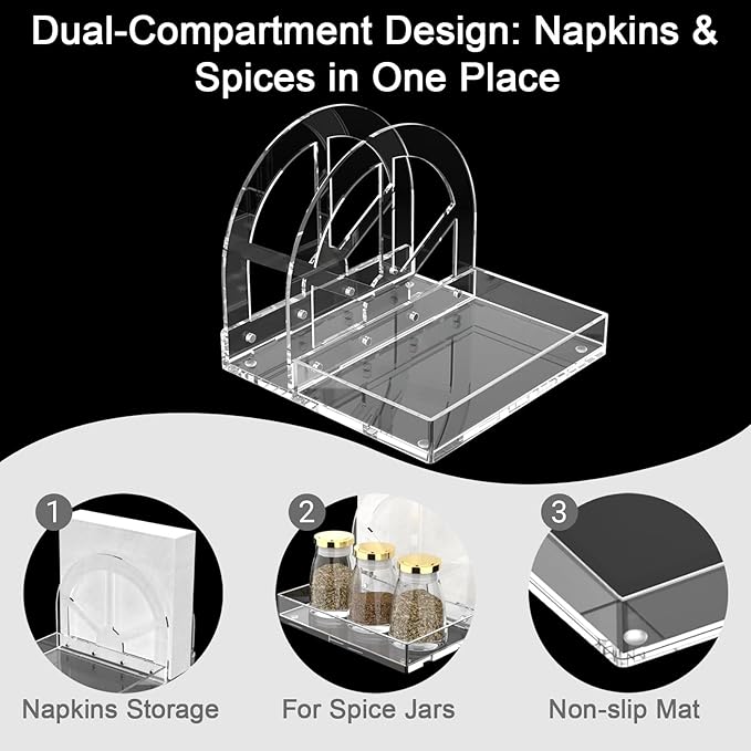 Acrylic Napkin Holder with Magnetic Assembly, Clear Space-Saving Napkin Dispenser & Salt Pepper Shakers Caddy, Modern Organizer for Kitchen Counter, Dining Table,Small Spaces, Office or Party（Small)