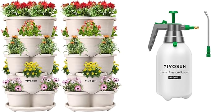 2-Pack 5 Tier Vertical Gardening Stackable Planter and 0.5Gal Handheld Garden Sprayer, 2L Pump Sprayer, 68 Oz Water Spray Bottle with Safety Valve, Adjustable Nozzle, Extended Spray Ro