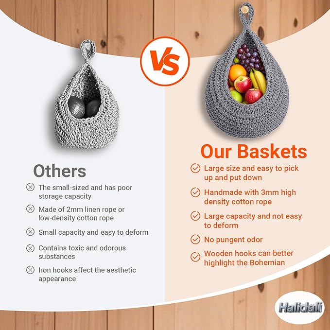 Hanging Fruit Baskets for Kitchen, 3 Pack Boho Cotton Rope Handwoven Vegetable Storage Wall Mounted Large Organizing Basket for Farmhouse Decor, Onion, Potato, Garlic and Plants