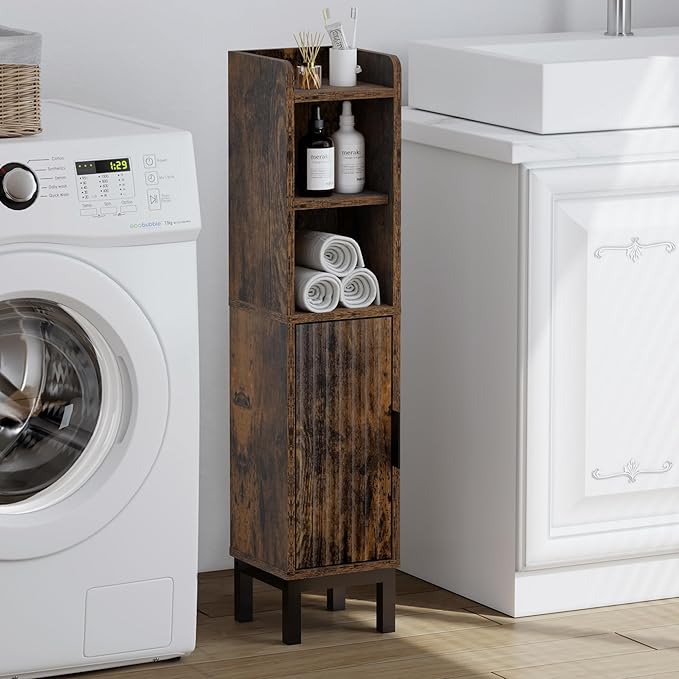 Small Bathroom Storage Cabinet, Corner Floor Narrow Toilet Paper Cabinet with Door and Shelves,Bathroom Organizer with Adjustable Shelf, for Small Spaces (Rustic Brown)