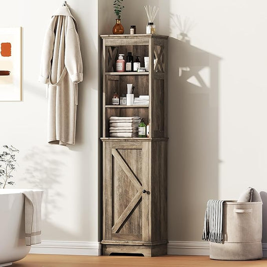 Narrow Bathroom Storage Cabinet with Door and Open Adjustable Shelves, 60.9" H Wooden Tall Tower Corner Farmhouse Cabinet, Freestanding Organizer for Kitchen, Entryway Grey