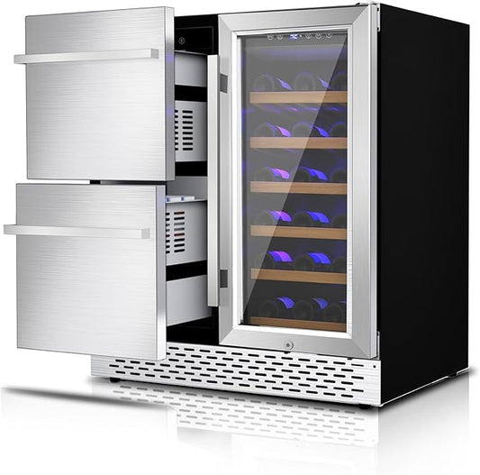 30'' Outdoor Wine and Beverage Refrigerator 120 Cooler, 2 Drawer Dual Zone Wine Fridge with Intelligent Control Advanced Compressor Under Counter Freestanding for Patio Bar Cabinet