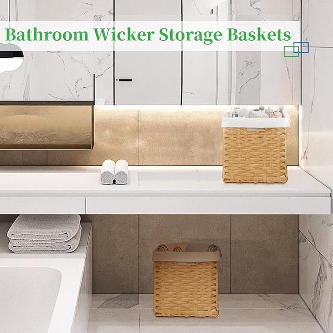 Bidtakay Wicker Storage Baskets with Liners 11x11 Storage Cube Bins Woven Basket with Imitation Water Hyacinth 2-Pack Waterproof Woven Storage Bins for Organizing Rattan Baskets Organizer-Natural