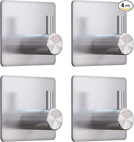 VIS'V Adhesive Towel Hooks, Waterproof Shower Wall Stick on Hooks, 2 Extra Adhesive Strips, Silver, 4 Pcs