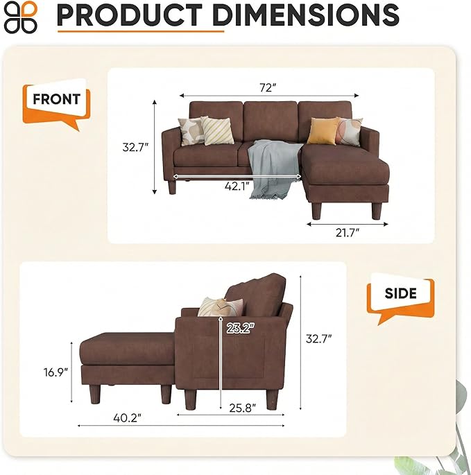 JUMMICO L Shape Sectional Sofa Couch, 3 Seat Convertible Sofa with Movable Ottoman and Side Storage Pockage, Modern Sofa Small Couches for Living Room & Apartment and Small Space (Linen, Brown)
