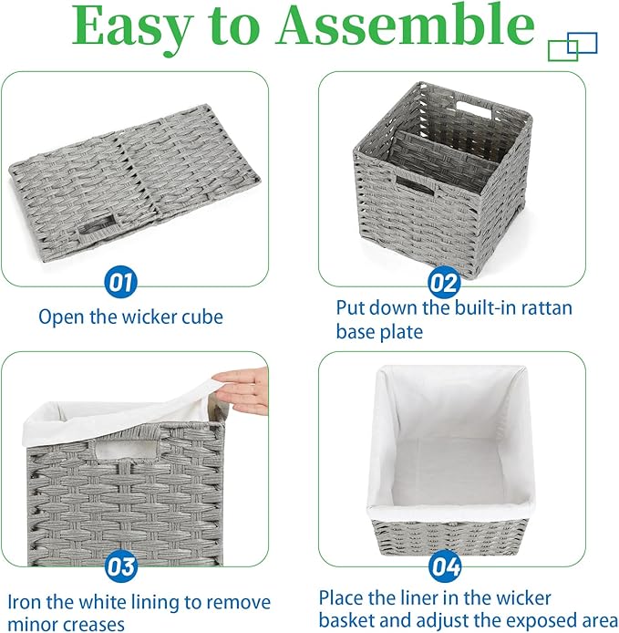 Bidtakay Wicker Cube Baskets with Liners Cube Storage Organizer for Shelves Closet 11 inch 4 Pack Decorative Hand-Woven Imitation Wicker Storage Bins for Organizing Pantry Bedroom Light Grey