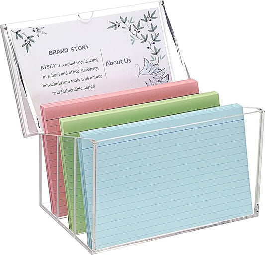 BTSKY Clear Acrylic 5 x 8 inch Index Card Box with Sign Lid & Removable Inserts, Divided 3-Compartment Index Card Holder Notecard Box Photo Storage Organizer for Filling Note Cards,Flashcards, Recipes