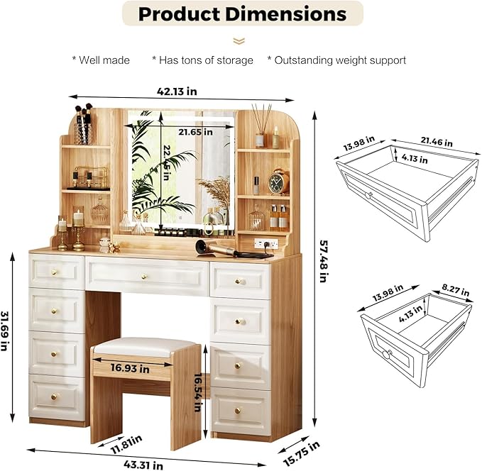 43" Makeup Vanity Desk with Mirror and Lights, & Power Outl, Glass Top Big Vanity Table with 9 Drawers& 8 Storage Shelves, Dressing Table Set with Chair for Bedroom, Oak and White