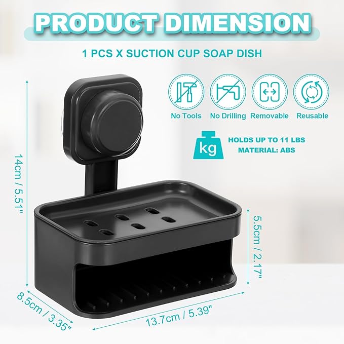 uxcell 1Pcs Suction Cup Soap Dish, Removable and Reusable Wall Mounted Double Bar Soap Holder for Shower No-Drilling Sponge Holder for Bathroom Kitchen, Black
