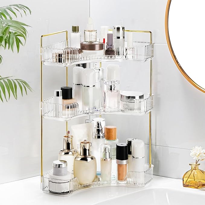 3 Tiers Corner Bathroom Counter Organizer, Clear Countertop Shelf Storage Rack, Cosmetic Perfume Tray Standing Holder with Gold Metal Pole, Skincare Sink Organizer for Vanity Kitchen