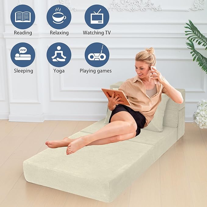 Sofa Bed Foldable Mattress ，Folding Sleeper Sofa Chair Bed Floor Mattress with Pillow for Living Room Home Office (Off White- Corduroy, Single)