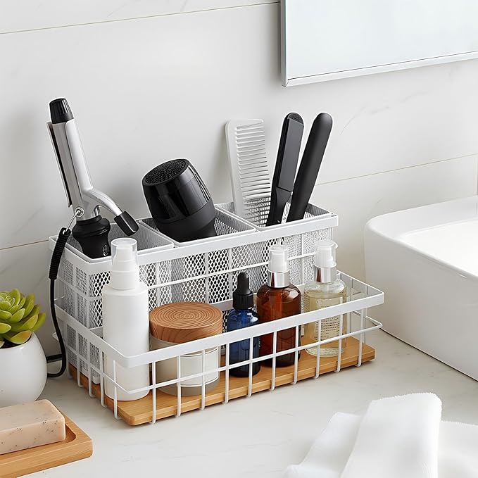 1 Pcs 1pcs Hair Tool Organizer Countertop Breathable Metal Bamboo Hot Tools Vanity Organizer Under Sink Bathroom Hair Dryer Holder Countertop Brush Comb Holder Tray (Natural Bamboo,White)