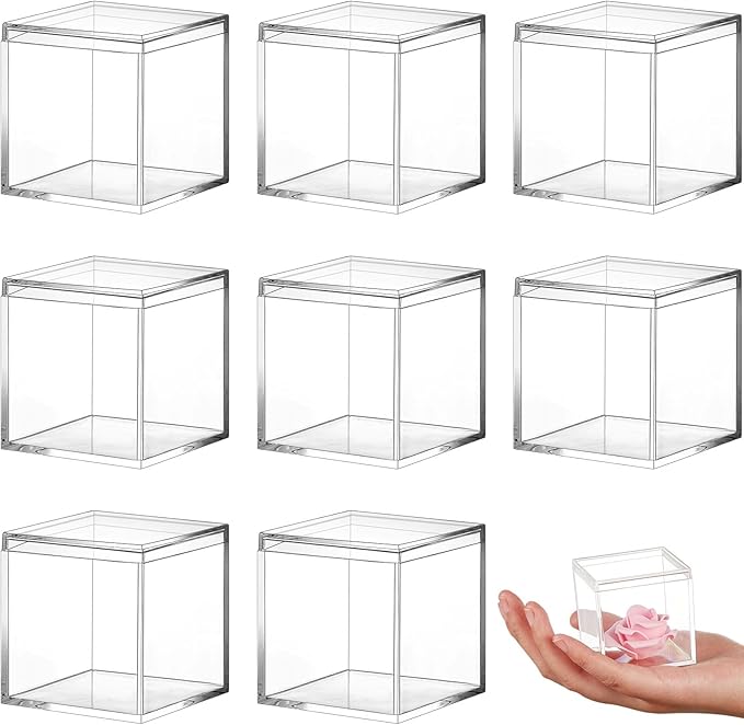 Blulu 8 Pcs Clear Acrylic Box with Lid Plastic Jewelry Mini Storage Box Mini Cube Containers for Candy and Tiny Jewelry Easter Party Favor(2.6 x 2.6 x 2.6 Inch,Classic Style)