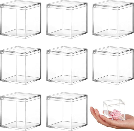 Blulu 8 Pcs Clear Acrylic Box with Lid Plastic Jewelry Mini Storage Box Mini Cube Containers for Candy and Tiny Jewelry Easter Party Favor(2.6 x 2.6 x 2.6 Inch,Classic Style)