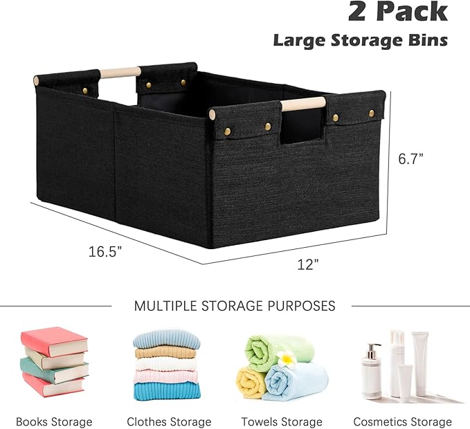 2PCS Storage Bins Cotton Linen Fabric Storage Boxes Basket with Wooden Handles Foldable Washable Decorative Shelf Container Closet Clothes Organizer Home Laundry (Large Size, Black)