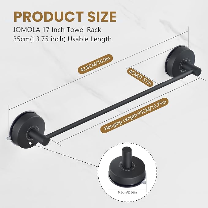 JOMOLA Towel Bar Suction Hand Towel Rack for Bathroom Stainless Steel Kitchen Towel Rail Holder Storage Hanger No Drilling Towel Bar Matte Black,17 inches