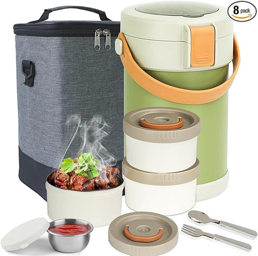 67 oz Audult Hot Food Thermo, Insulated Food Container,2L 3 Layer Insulated Lunch Box Kit Stainless Steel Vacuum Soup Food Thermo Stackable Hot Food Jar Bento Box for Men, Women-Green