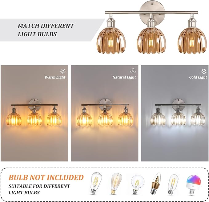 Bathroom Light Fixtures, 3-Light Vanity Wall Light Over Mirror with Amber Tulip Glass Shade for Bedroom Living Room (Bulb Not Included), Satin Nickel