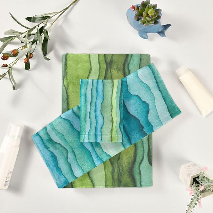 Teal Blue Green Bath Towel Set - 3 Piece Soft Absorbent Watercolor Sea Wave Striped (1 Bath, 1 Hand, 1 Washcloth) - Decorative for Bathroom, Shower, Hair, Face