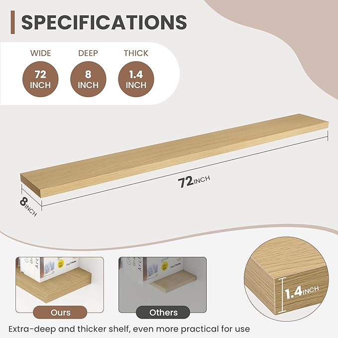 72 Inch Floating Shelves, 8 Inch Deep Floating Shelves for Wall, Hanging Shelf with Invisible Brackets, Deep Shelves for Bathroom, Bedroom, Living Room, Oak, Set of 2