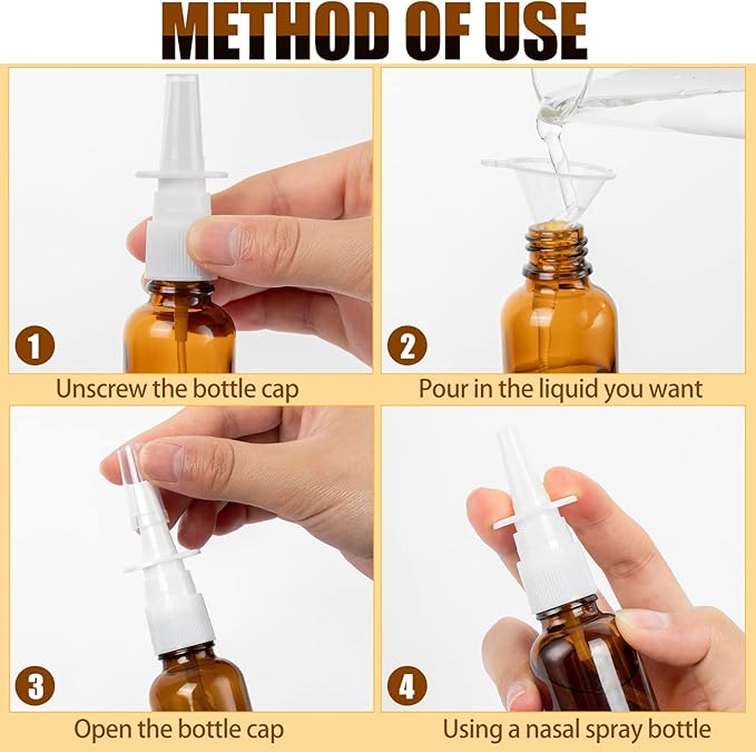 100 Pcs Nasal Spray Bottle, 1OZ/30ML Brown Empty Refillable Nasal Spray Bottles Glass with 20 Funnels and 20 Labels