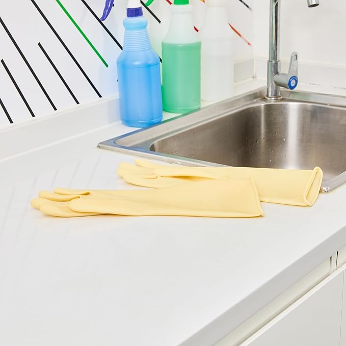 Clean Tek Professional 22 Mil Medium Cleaning Gloves, 10 Pairs Of Long Cuff Gloves - No-Slip Grip, No-Powder, Yellow Latex Gloves For Kitchen Cleaning, Ideal For Washing Dishes