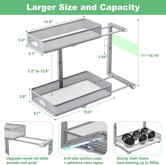 der Sink Organizer, High Adjustable 2 Tier Under Sink Organizers and Storage, Slide Out Metal Cabinet Organizers, Pull Out Sink Storage Drawer Shelf for Kitchen Bathroom Cabinet, Grey, 2 Pack