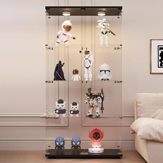 LFT HUIMEI2Y Glass Display Cabinet with LED Lights and Lock, 2 Door Curio Cabinets, Tempered Glass Collection Display Showcase for Bedroom, Living Room 65” Black