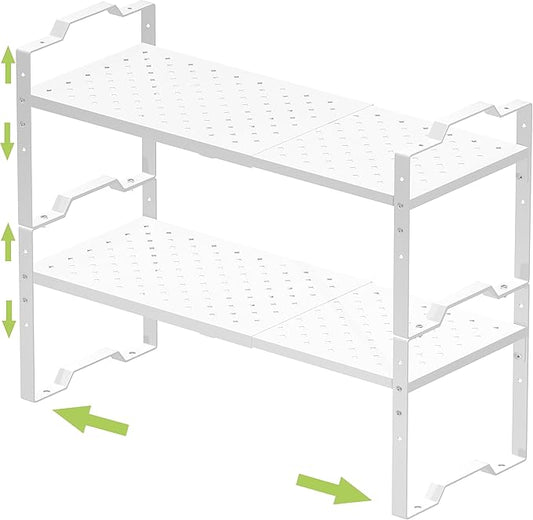 Expandable Shelf for Cabinet Organizer Adjustable Stackable Spice Rack at Kitchen and Bathroom More,2 Packs/White, Medium