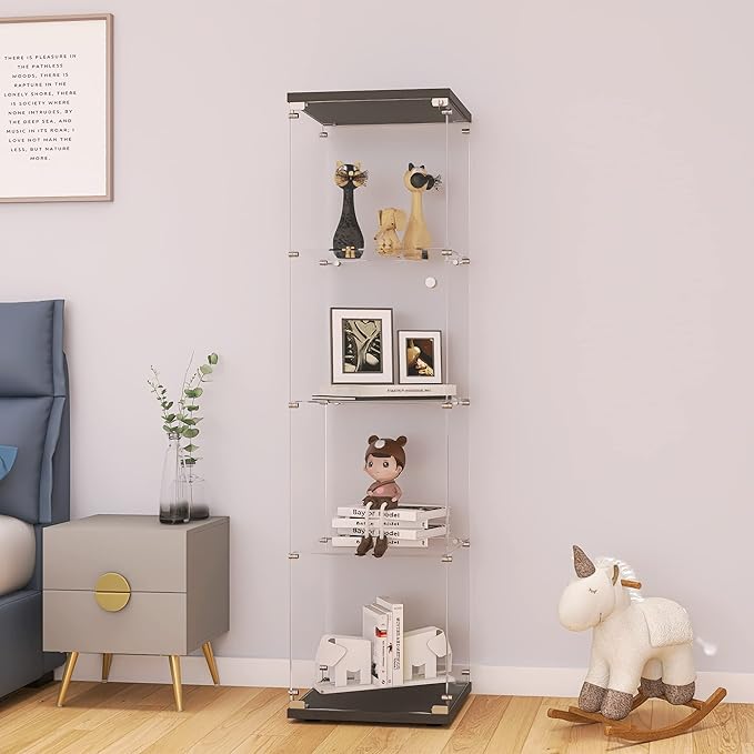 LFT HUIMEI2Y Glass Display Cabinet 4-Shelf with Door and Lock, Curio Cabinets Upgraded Quick-Install Style Tempered Glass Floor Standing Bookshelf for Bedroom, Living Room 65”x 17”x 14” Black