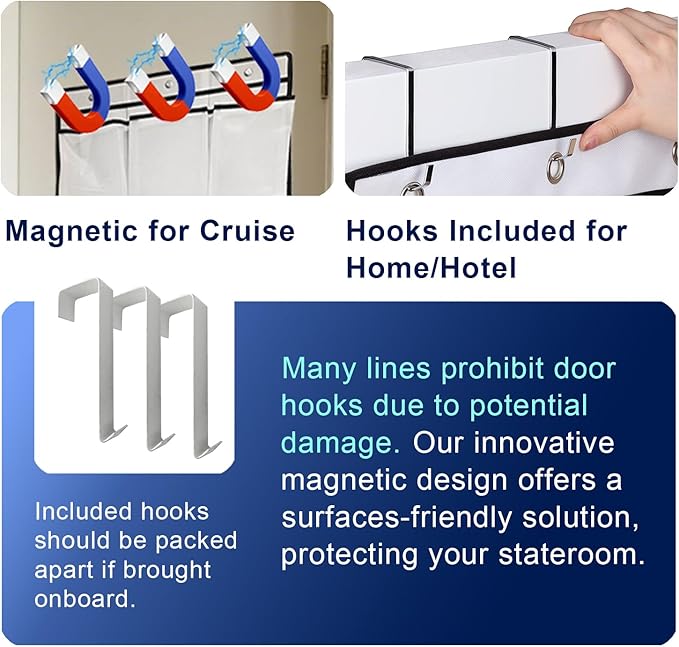 Magnetic Cruise Door Organizer – 13-Pocket Hanging Storage with 2 Large Shoe Pockets, No Hook Needed, Includes 3 Bonus Hooks, 2025 Cruise Ship Essentials for Cabin, Bathroom, or Closet Use