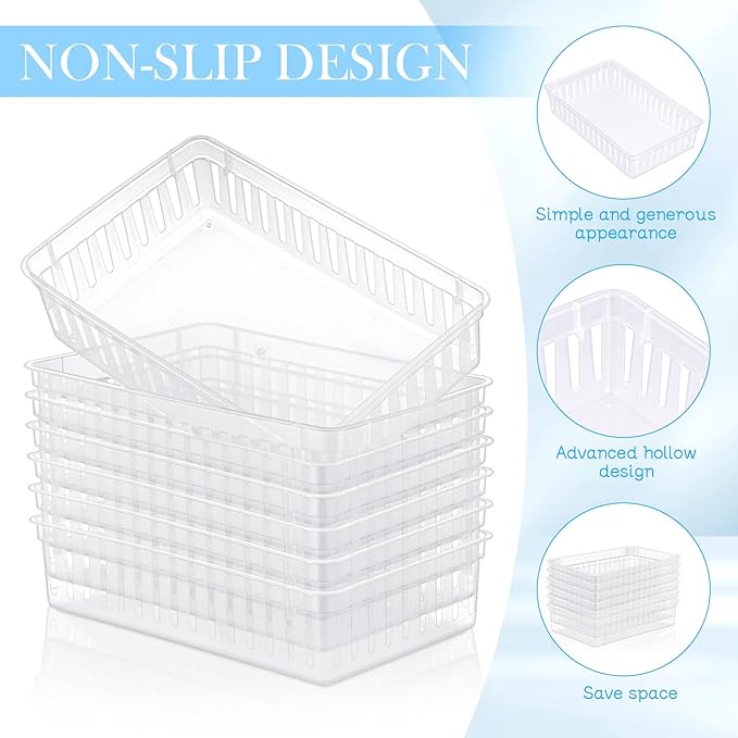 Wenqik Set of 12 Small Plastic Baskets for Organizing 10.24 x 6.5 x 2.36 Inch Pharmacy Baskets Rectangular Trays Plastic Organizer for Office Pharmacy Dorm Kitchens, Closets Shelves(Clear)