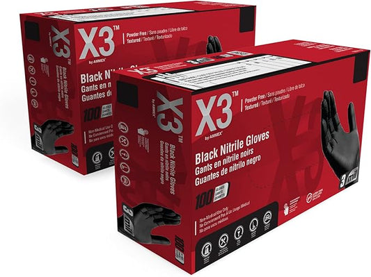 X3 Black Gloves, Disposable, Latex Free, Nitrile, for Cooking, Food Prep, 3 Mil, Powder-Free, Sizes Small through XX-Large