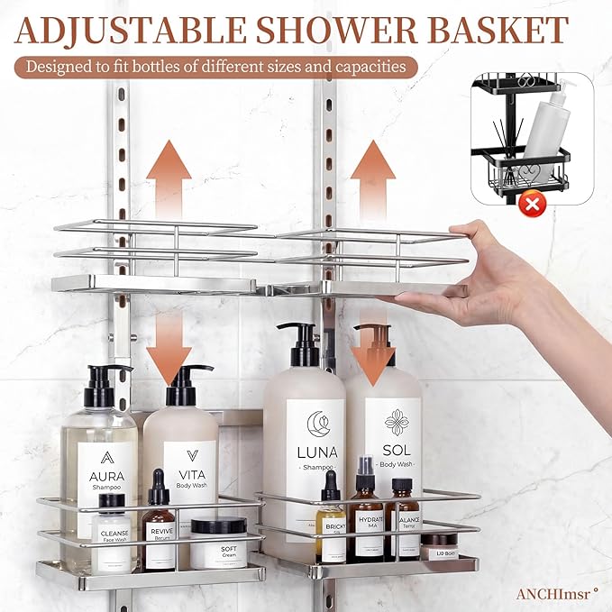 Adjustable Hanging Shower Caddy for Handheld Showerhead, 4-Tier Rustproof Shower Rack Baskets, Anti-Swing Hanging Shower Organizer for Bathroom Storage with 2 S-Hooks, Large Capacity, Silver