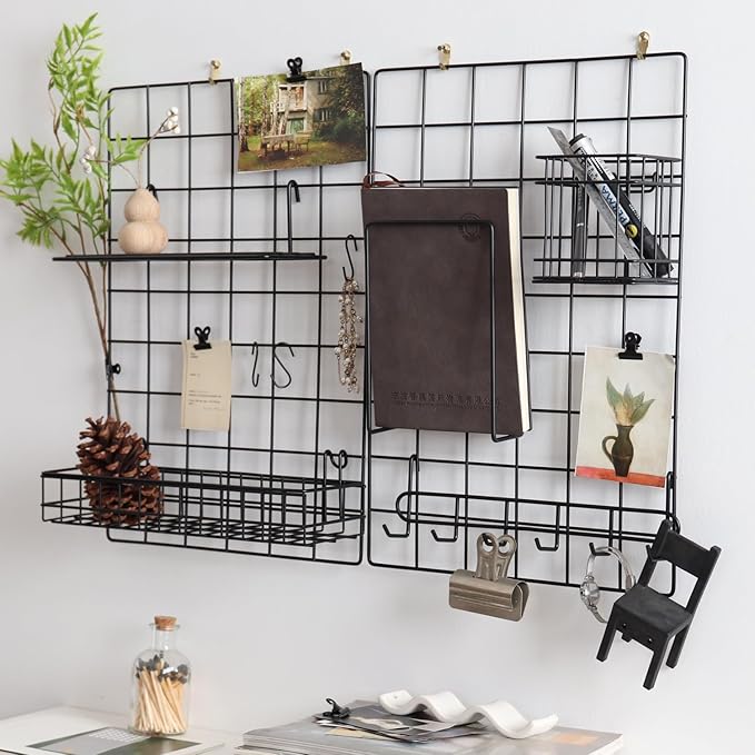 Metal Mesh Wall Grid Panel Hanging Basket,Display Shelf,Pen Holder,Hooks Rack,Bookshelf,Decorative Desk Storage Organizer for Office,Study,Set of 5 (Black)