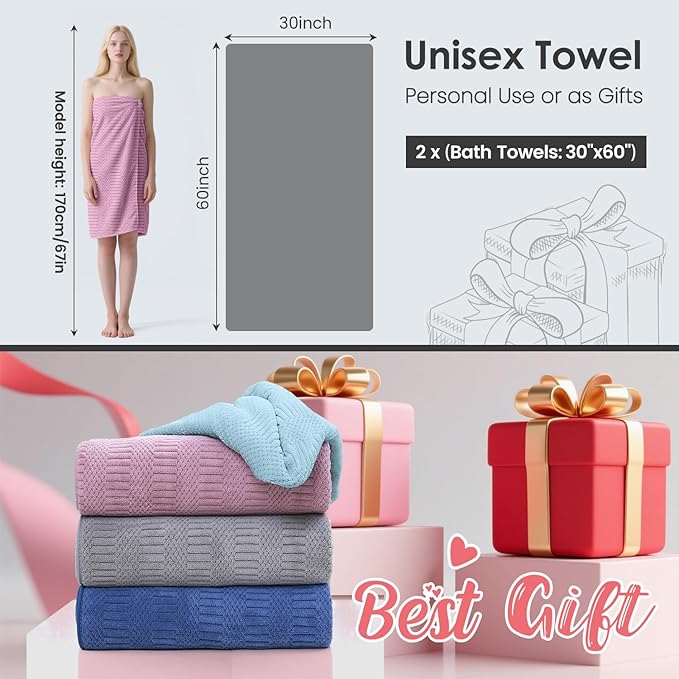 Microfiber Bath Towels, Large Bathroom Towel 2 Pack (30" x 60"), Oversized, Soft, Super Absorbent and Fast Drying, Multipurpose Use for Sport, Fitness, Yoga, Diamond Cross Grid Purple