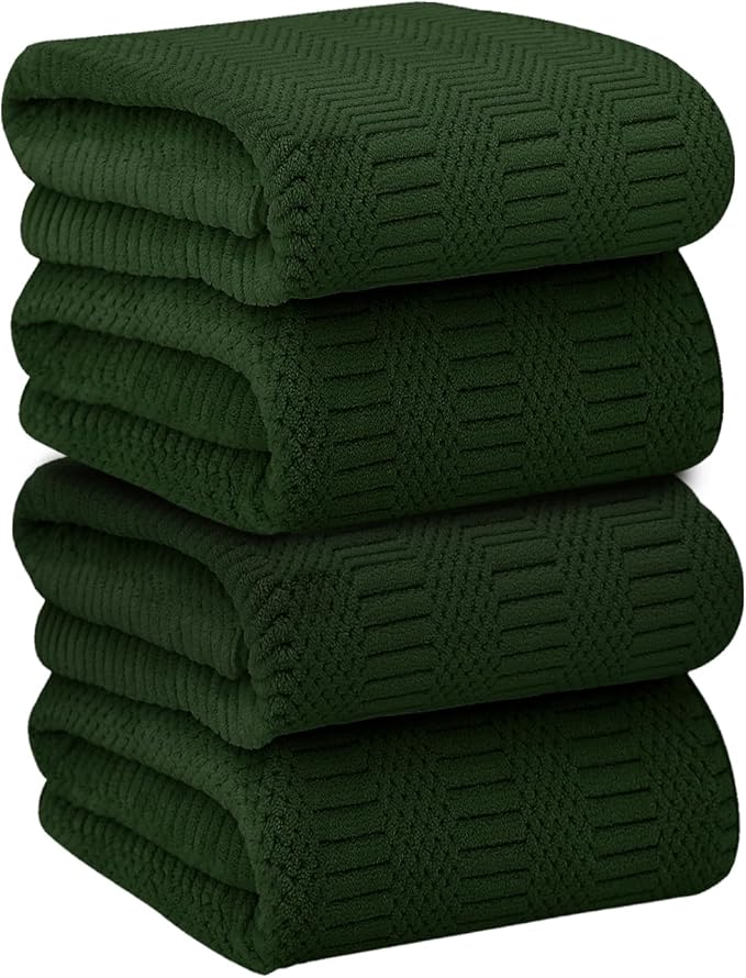 Microfiber Bath Towels Set of 4, Large Bathroom Towel for Adult, 30" x 60", Soft, Super Absorbent and Fast Drying, Use for Hair Wrap, Sport, Fitness, Yoga, Diamond Cross Grid Olive-Green