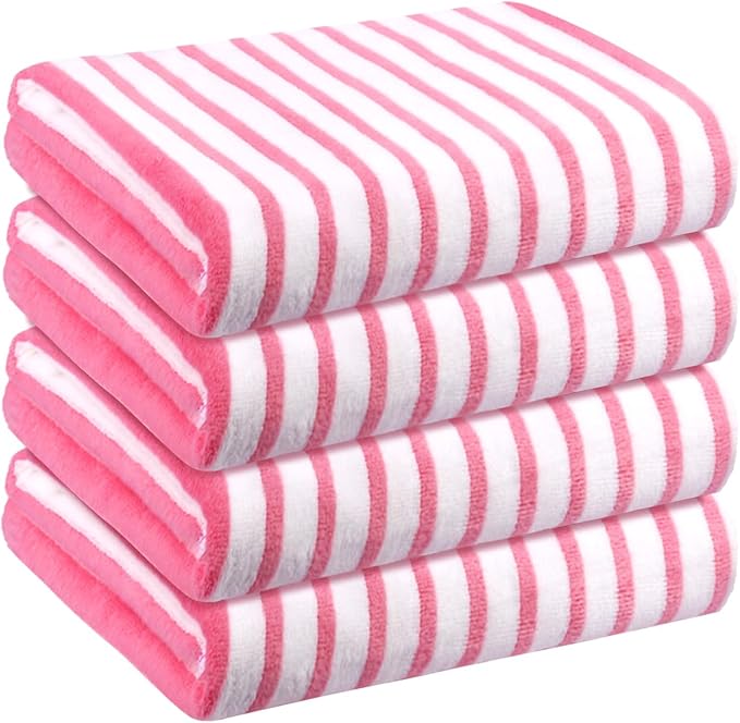 Beach Towels, 4 Pack, 30" x 60", Large Microfiber Bath Towel Set, Cabana Stripe, Absorbent, Quick Dry for Salon, Sauna, Hotel, Travel, Sport, Swimming, Pool, Yoga, Camping, Stripe Pink White