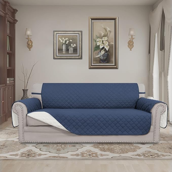 Easy-Going 4 Seater Sofa Slipcover Reversible Sofa Cover Water Resistant Couch Cover with Foam Sticks Elastic Straps Furniture Protector for Pets Children Dog Cat (XX-Large, Dark Blue/Ivory)