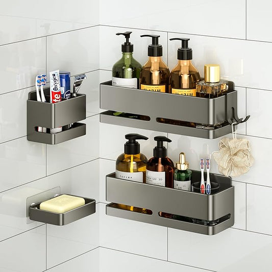 Bathroom Storage Rack (5-Piece Set), Wall-Mounted Shelf with soap Dish and Toothbrush Holder, no Drilling Required, Ideal for Bathroom Storage and Also Suitable for Kitchen (Grey)