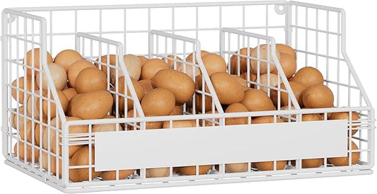 Egg Holder Countertop with 3 Dividers & Labels, 1 Tier Stackable Chicken Egg Baskets for Gathering Fresh Eggs in Small Space, Low Egg Organizer for Storage, Wall-Mounted, White