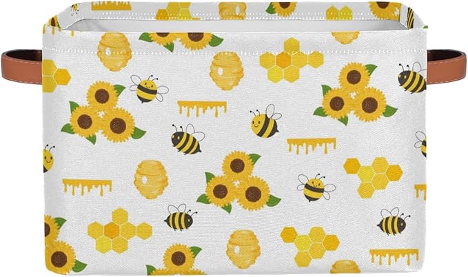 Rectangle Storage Baskets for Organizing - Foldable Storage Bin Cubes with Handles, Large Organizer Bins Boxes Toy Closet Shelf Nursery Laundry Basket, 1 Pcs(Bee Sunflower)