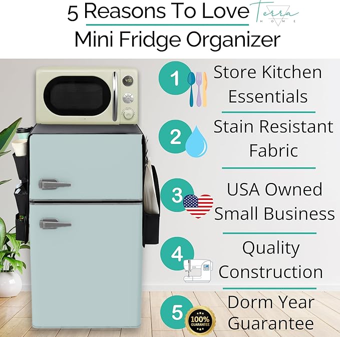Mini Fridge Organizer - Over Fridge Organizer with Large Pockets and Dividers for Utensils, Pantry Items, Paper Towel, Snacks - College Essentials Dorm - Over Fridge Storage (Black)…
