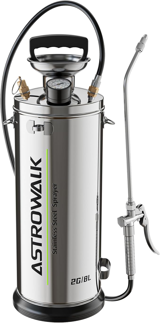 2 Gallon Pump Sprayer, Heavy Duty Stainless Steel Sprayer with 20" All-Steel Wand & 4FT Hose for Commercial, Farm, Solvent & Concrete, Includes Viton Seals and Gloves