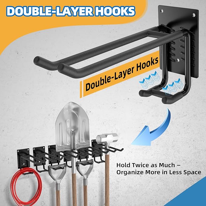 4 Pack Garage Hooks Heavy Duty 10 INCH Double-Layer Steel Shed Wall Mount Workshop Garage Storage Organizer Hooks for Hanging Garden Tool, Hose, Ladder, Chairs, Bikes with Anti-Slip Coating