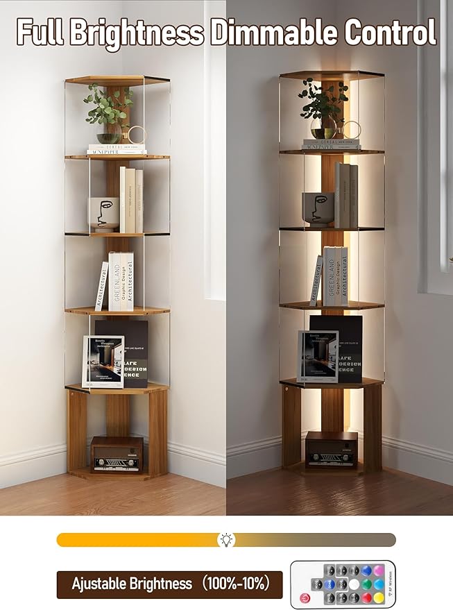 6 Tier Corner Display Rack with Light Clear Arylic Corner Shelves 63in Tall Cabinet with Dimmable LED Light for Display Curio Cabinet