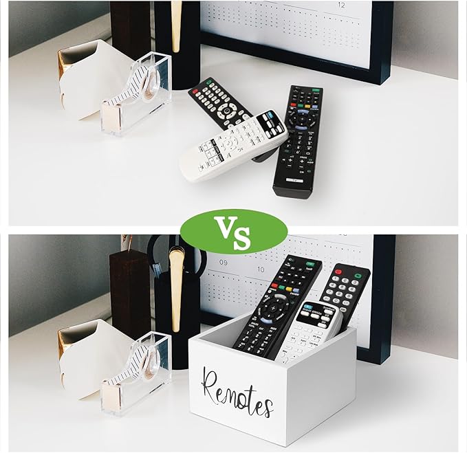 Wood Remote Control Holder, TV Remote Control Organizer for Home Bedroom Table, Multi-Purpose Desktop Storage (White, M,for 3+ Remote Controls)