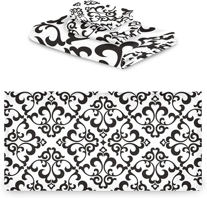 3 Piece White Black Damask Pattern Bath Towel Set,Microfiber Decorative Damask Floral Modern Abstract Bathroom Towels,1 Bath Towel 1 Hand Towel for Bathroom Kitchen,1 Washcloth for Body Face