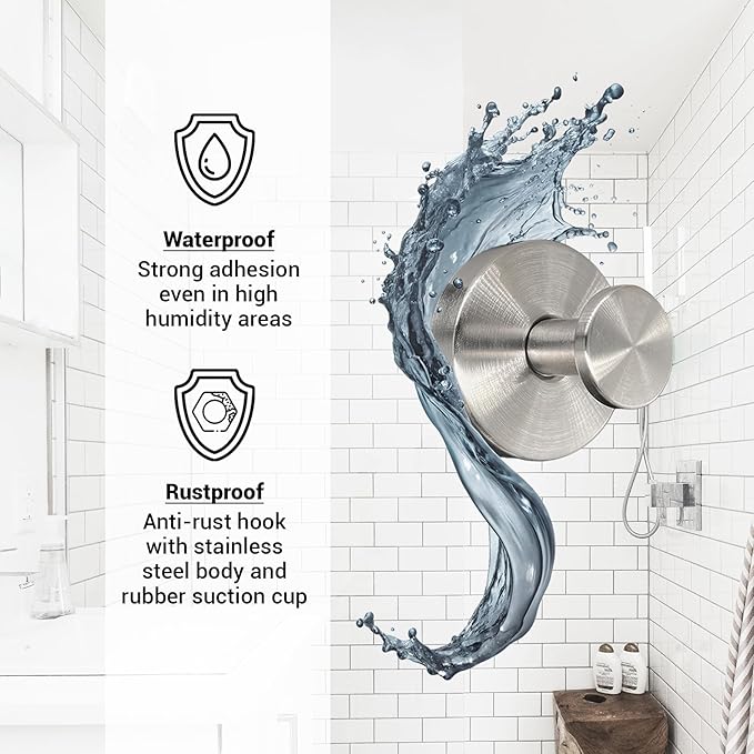 Suction Cup Hooks for Shower - 2 Pack, Matte Chrome - Stainless Steel, Strong Suction, No Drill, Removable Hanger, Tile Bathroom Kitchen Wall, Glass Door, Mirror Hook Hanging Robe, Towel Holder