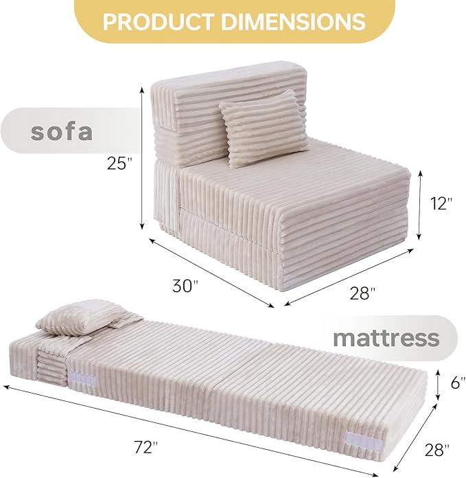 Folding Sofa Bed Single, Convertible Futon Chair Bed with Pillow, Folding Sofa Sleeper Chair, Fold Out Couch, Comfortable Foam Floor Couch for Living Room, Bedroom, Dorm, Guest Room, Beige